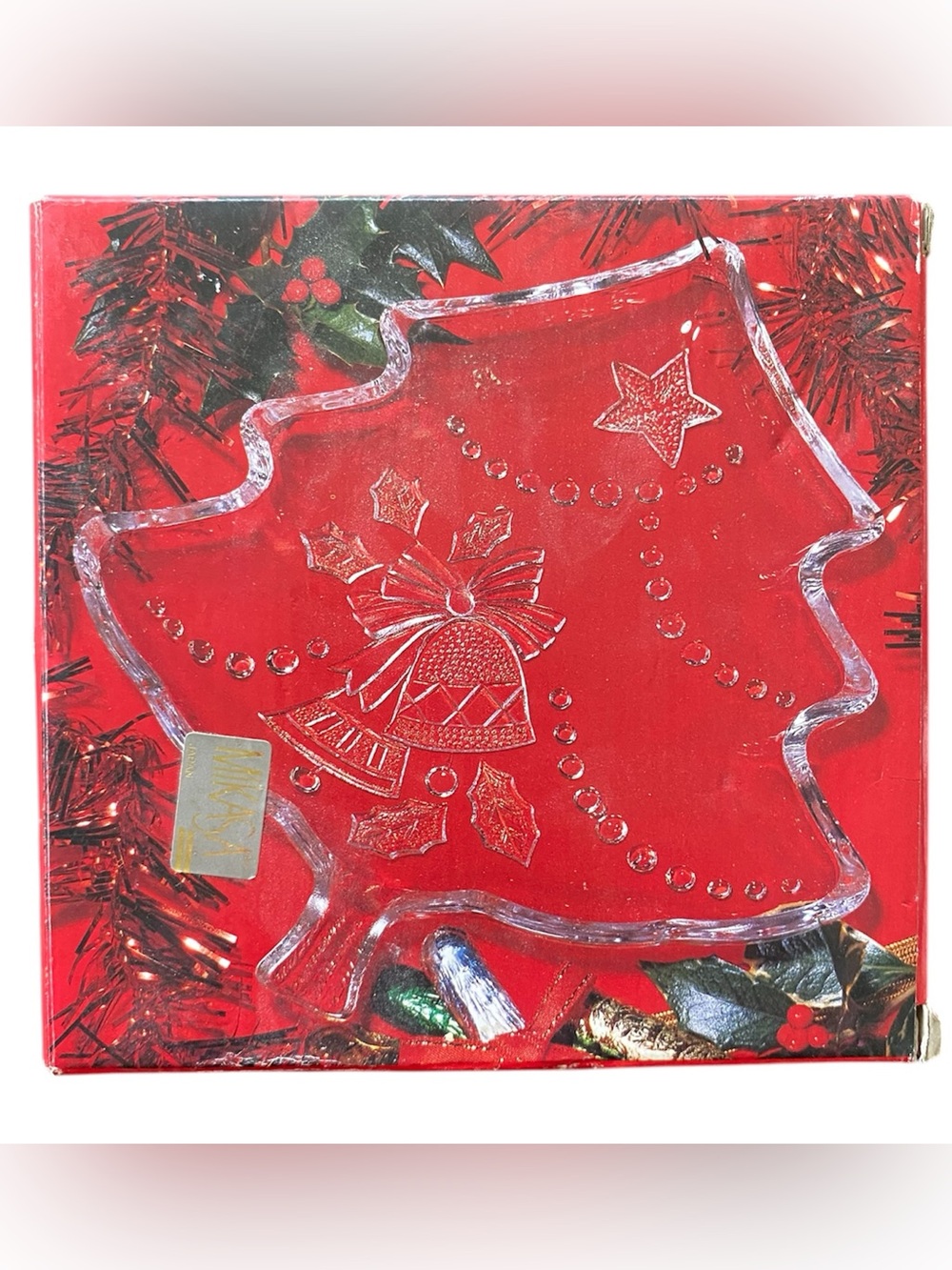 Vintage Christmas Tree Glass Holiday Clear Crystal Dish Tray Bells Made in Japan
